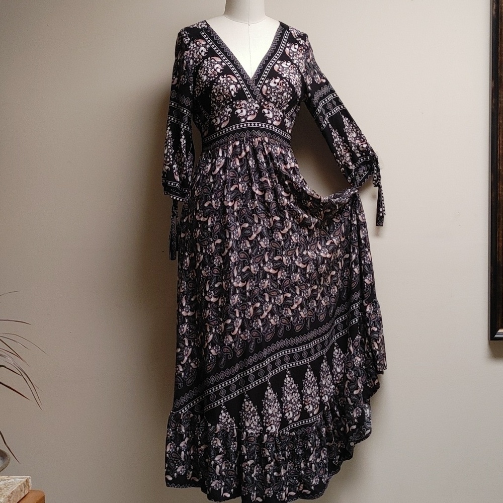 Caroline Morgan Australia Maxi Dress V-Neck Empire Waist Ruffled Hem Black Small - Picture 5 of 14